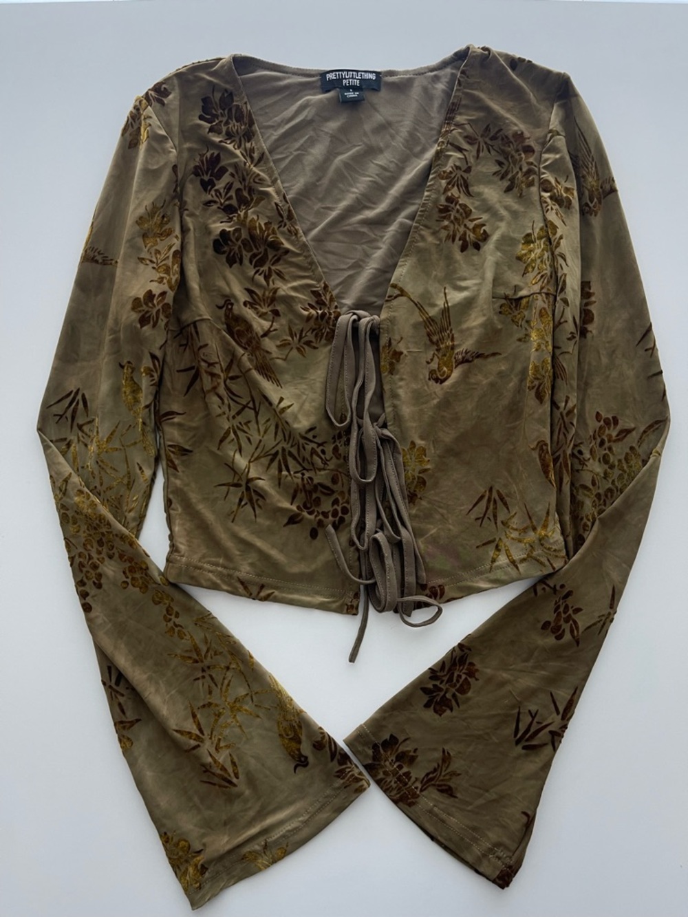 PrettyLittleThing Taupe Floral Velvet Burnout Tie-Front Top
